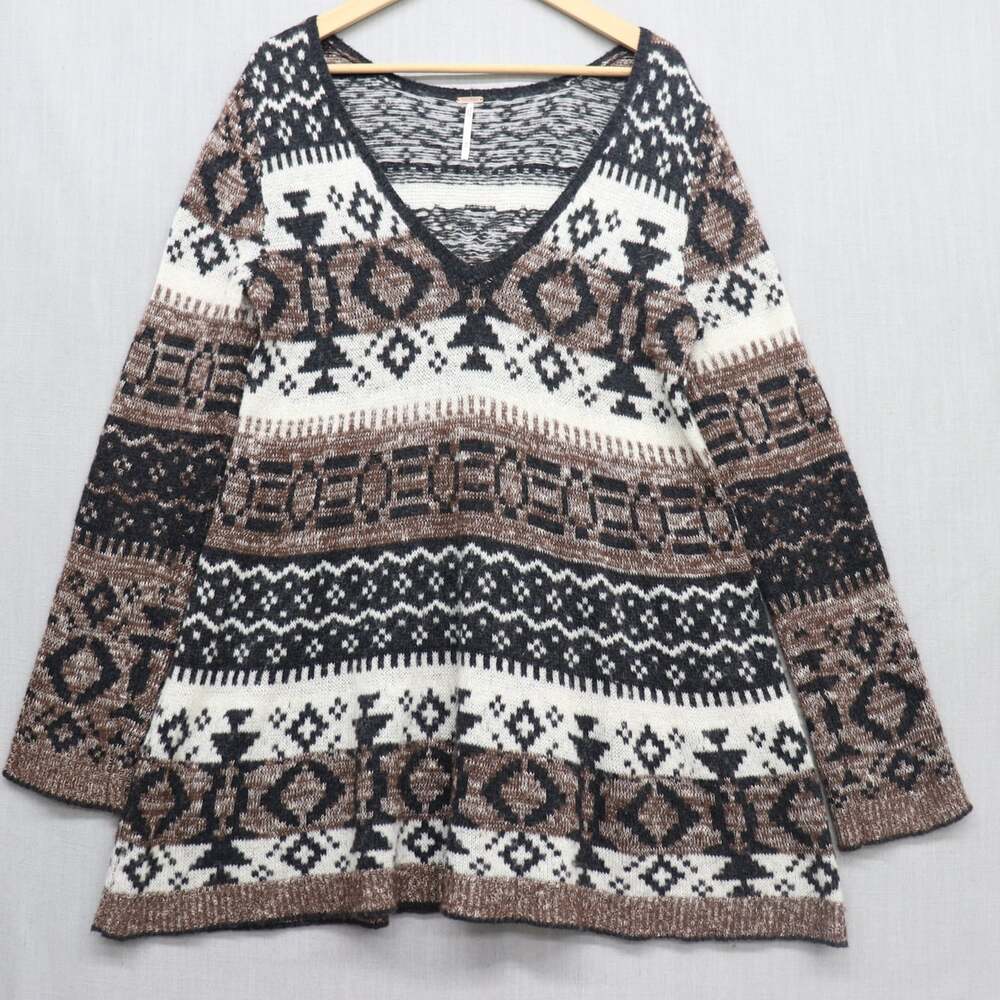 Free People Boho Nordic Fair Isle Tunic Sweater Alpaca Wool Blend Brown Large